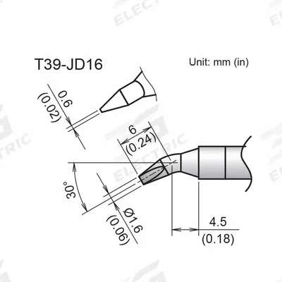HAKKO Soldering Tip: T39 Series, Bent Chisel, 1.6 mm W - T39 Series Soldering Tips