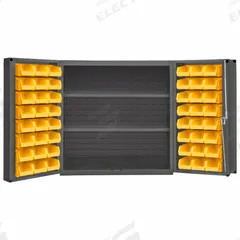DURHAM MFG Bin Cabinet: 36 in x 24 in 36 in, 2 Shelves, 48 Bins, Yellow, Deep Box, 14 ga Panel, Gray (MPN DC-243636-48-2S-95). Key specifications — Bin Color: Yellow; Bin HxWxD: (48) 4 in x 5 in x 3 in; Assembled: Assembled; Cabinet Style: Shelf and Bin; Brand: DURHAM MFG; Cabinet Color: Gray; Cabinet Finish: Powder Coated; Cabinet Material: Steel.