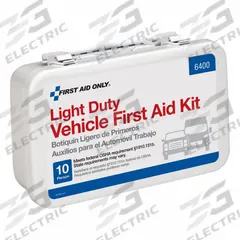 FIRST AID ONLY First Aid Kit: Vehicle, 10 People Served, 75 Components, Steel (MPN 6400). Key specifications — Adhesive Bandages Included: (16) 1 in x 3 in Adhesive Plastic Bandages; Application: Vehicle; Brand: FIRST AID ONLY; Housing Color: White; Housing Material: Steel; Includes Oral or Inhalant Medication: No Medication Included; Mountable: Wall Mount; Oral and Inhalant Medicinals Included: (1) Eye Wash.