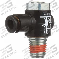 ARO Cylinder Port Flow Control Valve: Elbow Fitting, Screwdriver Slot/Thumb Screw, 3/8 in Tube (MPN 119309-375). Key specifications — attr947203: Stainless Steel; attr947205: ARO.