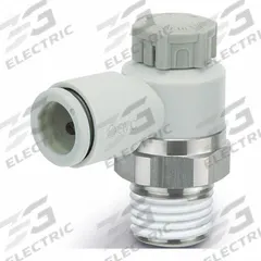 SMC Speed Control Valve: Elbow Fitting, Screw, 1/4 in/1/8 in Valve Body Size, Meter Out, Brass/PBT (MPN AS2201F-01-04S). Key specifications — attr947203: Brass/PBT; attr947205: SMC.