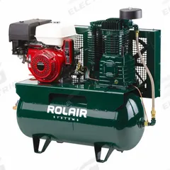 ROLAIR Stationary Air Compressor: 2 Stage, 13 hp Engine, Honda, 23 cfm, 30 gal Air Tank, Horizontal (MPN 13GR30HK30). Key specifications — attr50933: Honda; attr86530: Electric; attr50934: ROLAIR.