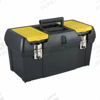 STANLEY Tool Box: 19 3/16 in W 10 3/16 in D 9 13/16 in H, Plastic, Black, Hinged Lid, Padlock (MPN 019151M). Key specifications — attr1116905: Black; attr1116917: Hinged; attr1116946: STANLEY; attr1116904: Padlock.