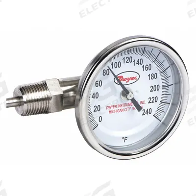 Dwyer Dial Thermometer: 0°F to 240°F, ±2%Full Scale Accuracy, 2.5 in Stem Lg - Side- & Bottom-Mount Fixed-Angle Thread-Mount Dial Thermometers