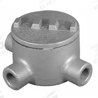Conduit Outlet Body: Iron, GR, 2 in Trade Size, T Body, 76 cu in Body Capacity (MPN GRT200). Key specifications — Series: For Standard Body; Compatible Conduit Trade Size: 2 in; Thread Gender: Female; Hub Style: Threaded; Cover Included: Yes; Body Style: T; Connection Type: Threaded; Back Type: Round.