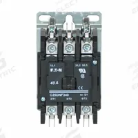 EATON Definite Purpose Magnetic Contactor: 3 Poles, 24V AC, 40 A, Non-Reversing (MPN C25DNF340T). Key specifications — Brand: EATON; Coil Voltage: 24V AC; Contactor Style: HVACR Definite Purpose Contactor; Frame Size: D; Terminal Connection Type: Quick-Disconnect Terminals; Maximum Voltage Rating: 690V AC; Series: C25 Series; Phase: Three.