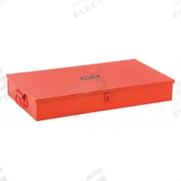 PROTO Tool Box: 26 3/4 in W 14 1/2 in D 4 in H, Steel, Red, Hinged Lid, Padlock, 1 Compartments (MPN J5697R). Key specifications — attr1116905: Red; attr1116917: Hinged; attr1116946: PROTO; attr1116904: Padlock.