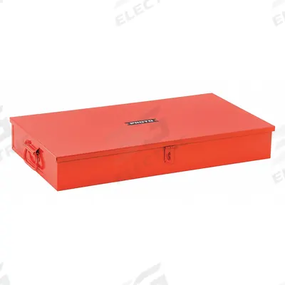 PROTO Tool Box: 26 3/4 in W 14 1/2 in D 4 in H, Steel, Red, Hinged Lid, Padlock - Steel Socket Storage Boxes