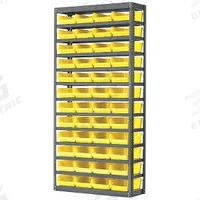 AKRO-MILS Bin Shelving: 36 in x 12 in x 79 in, 1 Sided, 60 Bins, Open, Shelf Bin, Yellow, 13 Shelves (MPN AS1279130Y). Key specifications — Includes Bins: Yes; Bin Material: Polymer; Frame Color: Gray; Bin HxWxD: (60) 4 in x 6-5/8 in x 11-5/8 in; Frame Material: Steel; Bin Color: Yellow; Bin Style: Shelf; Brand: AKRO-MILS.