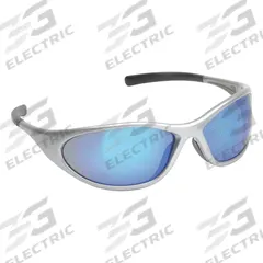 PYRAMEX Safety Glasses: Blue Lens, Full-Frame, Mirrored/Scratch-Resistant, Silver Frame (MPN SS3365E). Key specifications — Brand: PYRAMEX; Frame Color: Silver; Lens Color: Blue; Lens Properties: Scratch-Resistant / Mirrored.