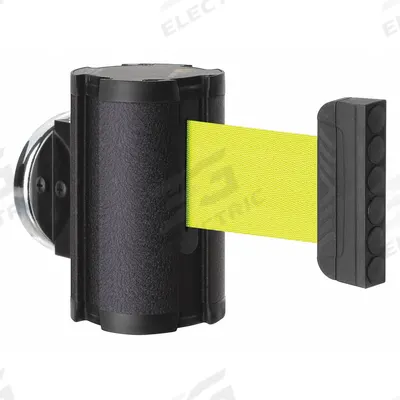 LAVI Retractable Belt Barrier: Magnet, 10 ft Belt Lg, Pattern, Yellow - Magnetic-Mount Retractable Belt Barriers