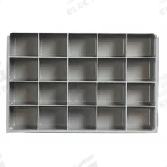 Compartment Drawer Insert: 18 in x 12 in x 3 in, 3 7/16 in x 2 27/32 in, 20 Compartments, 0 Dividers (MPN 124-95-20-IND). Key specifications — Color: Gray; Compartment HxWxD: (20) 3-7/16 in x 2-27/32 in; Removable Dividers: No; Compatible Manufacturer Model Number: 123-95; Brand: DURHAM MFG.