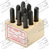 YOUNG BROS. STAMP WORKS Hand Stamp Kit: 0 thru 9 (6 doubles as 9), 1/16 in Character Ht, Steel (MPN 01091). Key specifications — Material: Steel; Brand: YOUNG BROS. STAMP WORKS; Characters Included: 0 thru 9 (6 doubles as 9).
