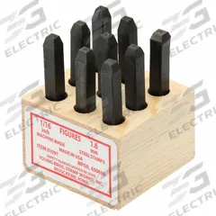 YOUNG BROS. STAMP WORKS Hand Stamp Kit: 0 thru 9 (6 doubles as 9), 1/16 in Character Ht, Steel (MPN 01091). Key specifications — Material: Steel; Brand: YOUNG BROS. STAMP WORKS; Characters Included: 0 thru 9 (6 doubles as 9).