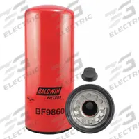 BALDWIN FILTERS Fuel Filter: Spin-On, 4 3/4 in Outside Dia, M90 x 2.0 Thread Size, Cellulose, BF9860. Key specifications — attr1137520: BF9860; attr434022: BALDWIN FILTERS; attr427730: Cellulose; attr427731: Integral Gasket; attr1017112: Trucks; attr1017113: Peterbilt.