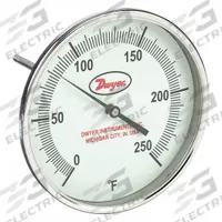 DWYER Glow-in-the-Dark Dial Thermometer: 0°F to 250°F, +/- 1% Accuracy, 5 in Dial Dia, Male (MPN GBTB59051). Key specifications — Accuracy: +/- 1%; Brand: DWYER.