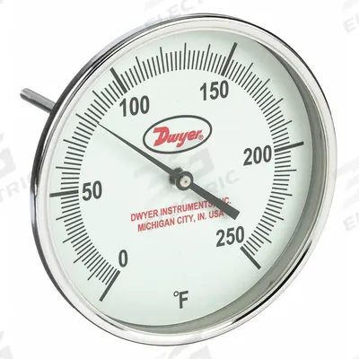 Dwyer Glow-in-the-Dark Dial Thermometer: 0°F to 250°F, +/- 1% Accuracy, 5 in Dial Dia - Fixed-Angle Glow-in-the-Dark Thread-Mount Dial Thermometers