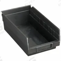 QUANTUM STORAGE SYSTEMS Shelf Bin: 11 5/8 in Overall Lg, 6 5/8 in x 4 in, Black, Nesting Capable (MPN QSB102CO). Key specifications — attr1179622: QUANTUM STORAGE SYSTEMS; attr1179611: 0%; attr1179616: QSB102CO; attr1179624: Dividers Not Included; attr1249172: Electrostatic Discharge Conductive.