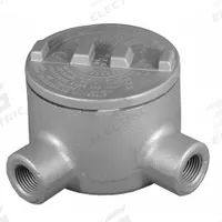 Conduit Outlet Body: Iron, GR, 2 in Trade Size, L Body, 76 cu in Body Capacity (MPN GRL200). Key specifications — Series: For Standard Body; Compatible Conduit Trade Size: 2 in; Thread Gender: Female; Hub Style: Threaded; Cover Included: Yes; Body Style: L; Connection Type: Threaded; Back Type: Round.