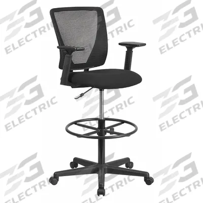 FLASH FURNITURE Drafting Chair: Harper, Black, Fabric & Mesh Material, Adj Arms Arm - Adjustable-Arm Drafting Chairs