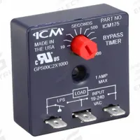 Time Delay Relay: Temporary Bypass, Bypass Timer, 10 sec to 1,000 sec, 18 to 240V AC, 1 A, 3 Pins (MPN ICM175). Key specifications — Adjustment Method: Knob; Brand: ICM; Mounting Style: Surface.