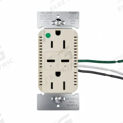 LEGRAND Receptacle: Duplex, 5-15R, 2 USB Ports, USB Type C, Ivory, 125V AC - Hospital-Grade Receptacles with USB Chargers