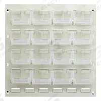 QUANTUM STORAGE SYSTEMS Louvered Panel: 20 in x 18 in x 1/4 in, 1 Sides, 16 Bins, White (MPN QLP-1819HC-220-16CL). Key specifications — Bin Style: Hang and Stack; Color: White; Bin Color: Clear; Finish: Powder Coated; Brand: QUANTUM STORAGE SYSTEMS.
