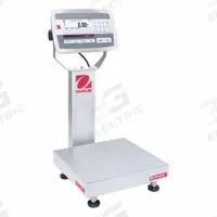 OHAUS Industrial Bench Scale: 12 in x 12 in, IP67/IP68, Column-Mounted, 50 lb Wt Capacity - Imperial (MPN D52XW25RQR1). Key specifications — Connection Ports: Analog Output; Readability: 0.002 lb/1 g; Brand: OHAUS; Weighing Surface Material: Stainless Steel.