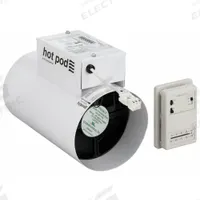 In-line Duct Fan Heater: 130 cfm Max., 6 in Duct, 500 W_1,000 W, 120V AC, 1707 BtuH/3413 BtuH (MPN HP6-1000120-2T). Key specifications — Includes: 2 Stage Heat/ 1 Stage Cool Hardwired Low Voltage Thermostat; Brand: HOTPOD; Speed Controllable: No; Heating Capacity: 1707 BtuH; High-Efficiency Motor: No; Nameplate Voltage: 120V AC; Number of Speeds: 1; Airflow @ 0.000 in SP - Range: 0 to 249 cfm.