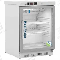 AMERICAN BIOTECH SUPPLY Pharmacy Refrigerator: 4.6 cu ft, Undercounter, 1°C to 10°C, Swing Glass (MPN PH-ABT-NSF-UCBI-0404G). Key specifications — Door Opening Style: Right; Color: White; Alarm Type: Temperature; Manufacturer Part Number: PH-ABT-NSF-UCBI-0404G; Brand: AMERICAN BIOTECH SUPPLY; Product Type: Pharmacy Refrigerator; Door Type: Swing Glass; Refrigerant Type: R-600a.