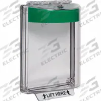SAFETY TECHNOLOGY INTERNATIONAL Universal Stopper Cover: Polycarbonate, 2 11/16 in Overall Dp (MPN STI-13020NG). Key specifications — Manufacturer Part Number: STI-13020NG; Brand: SAFETY TECHNOLOGY INTERNATIONAL; Color: Clear; For Location: Indoor; For Use With: Emergency Buttons; IP Rating: IP56; Includes: Mounting Hardware; Legend: LIFT HERE.