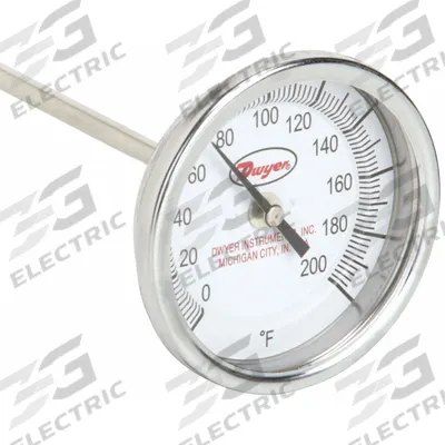 Dwyer Long Reach Dial Thermometer: 0°F to 200°F, +/- 1% Accuracy, 3 in Dial Dia - Fixed-Angle Long-Reach Thread-Mount Dial Thermometers