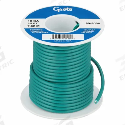 GROTE Primary Automotive Wire: GPT, 25 ft, 1 Conductor, 18 AWG, Green - PVC-Insulated General Purpose Primary Wires