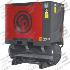 CHICAGO PNEUMATIC Rotary Screw Air Compressor w/Air Dryer: Horizontal, 20 hp, 69.3 cfm, 132 gal Tank (MPN QRS 20 HPD). Key specifications — attr48606: Three; attr48593: 460V AC; attr48578: CHICAGO PNEUMATIC; attr110305: Included.