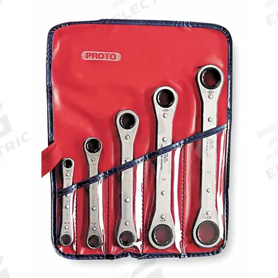 PROTO Box End Wrench Set: Alloy Steel, Chrome, 5 Tools, 1/4 in to 7/8 in Range of Head Sizes - SAE, Double End, 12-Point, Ratcheting Box End Wrench Sets