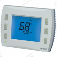 PECO Fan Coil Thermostat: Heat and Cool, Auto-Cool-Heat-Off, 50° to 90° F, Push Button, 2 Heat/1Cool (MPN TW180-1). Key specifications — Application: Heat and Cool; System Settings: Auto-Cool-Heat-Off; Temperature Control Range: 50° to 90° F; Stages: 2 Heat/1Cool; Voltage: 24 or 110 to 277V AC; Brand: PECO; Control Type: Push Button; Fan Settings: Auto-Off.