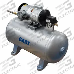 GAST Electric Air Compressor: 0.25 hp, 1 Stage, Hot Dog, 2 gal, 1.5 cfm, 50 psi, 120V AC, Oil-Less (MPN 2LAF-46T-M200EX). Key specifications — attr48430: GAST; attr48445: 60 Hz; attr48448: Check Valve; attr48450: 120V AC; attr48474: Single; attr48487: Horizontal.
