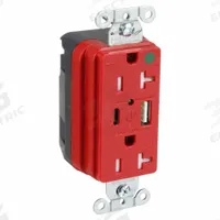 USB Receptacle: Duplex, 5-20R, 2 USB Ports, USB Type A/C, Red, 125V AC, 20 A (MPN SNAP8300UACR). Key specifications — Brand: HUBBELL.