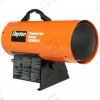 DAYTON Portable Gas Torpedo Heater: 40,000 BtuH Heating Capacity Output, 940 sq ft Heating Area (MPN 3VE55). Key specifications — Brand: DAYTON; Key Features: Flame-Out Sensor; Overall Dimensions - H x W x D: 13-1/2 in x 19-5/16 in x 8-1/8 in.