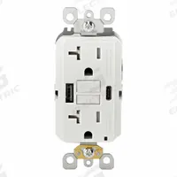 USB Receptacle: Decorator Duplex, 5-20R, USB Type A/C, White, 125V AC, 20 A, GFCI (MPN GUAC2-W). Key specifications — Brand: LEVITON.