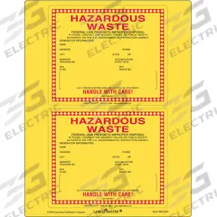 LABELMASTER Waste Label: 6 in x 6 in, 6 in Label Wd, 6 in Label Ht, Adhesive Back/Paper, 25 PK (MPN WMLZ827). Key specifications — Message: State and Federal Law Prohibit Improper Disposal - Handle with care!; Material: Adhesive Back; Brand: LABELMASTER.