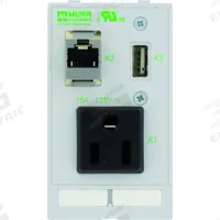 MURRELEKTRONIK Combination Insert: RJ45 Cat5E/USB, NEMA 5-15, 125 V AC Socket Volt Rating (MPN 4000-68000-4030000). Key specifications — Brand: MURRELEKTRONIK; Socket Configuration: NEMA 5-15; Data Port Configuration: (1) RJ45 CAT5e; Insert Design: Power Insert.