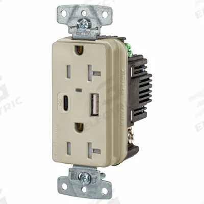 HUBBELL Receptacle: Duplex, 5-20R, 2 USB Ports, USB Type A/C, Ivory, 125V AC - Weather-Resistant Receptacles with USB Chargers
