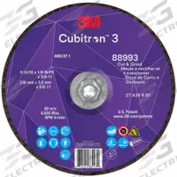 3M CUBITRON 3 Cut-Off and Grinding Wheel: Type 27, 9" x 1/8" x 5/8"-11, Ceramic, 36 Grit (MPN 88993). Key specifications — Brand: 3M CUBITRON 3.