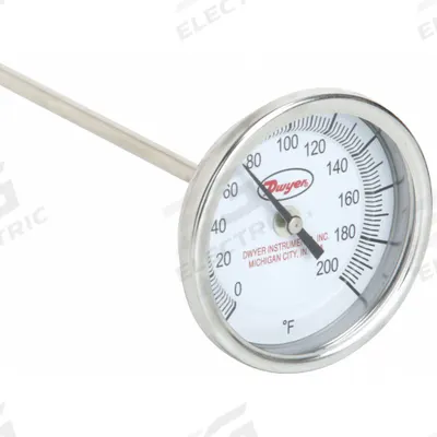 Dwyer Long Reach Dial Thermometer: 0°F to 200°F, +/- 1% Accuracy, 3 in Dial Dia - Fixed-Angle Long-Reach Thread-Mount Dial Thermometers