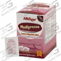 MEDIQUE Pain Relief: Naproxen Sodium, 220 mg, 100 Individual Doses, Tablet (MPN 23733). Key specifications — Purpose: Pain Relief; Strength: Regular Strength; Manufacturer Part Number: 23733; Brand: MEDIQUE; Flavor: Unflavored; Dose Package Type: Packets; Exterior Package Type: Box; Format: Tablet.