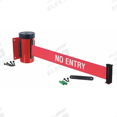RETRACTA-BELT Wall Mounted Retractable Belt Barrier: Fixed Mounting Plate, 10 ft Belt Lg - Wall-Mount Retractable Belt Barriers