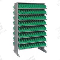 QUANTUM STORAGE SYSTEMS Pick Rack: 36 in x 24 in x 60 in, 2 Usable Sides, 16 Shelves, 192 Bins (MPN QPRD-100GN). Key specifications — Bin HxWxD: (192) 4 in x 2-3/4 in x 11-5/8 in; Frame Material: Steel; Frame Color: Gray; Bin Color: Green; Brand: QUANTUM STORAGE SYSTEMS.