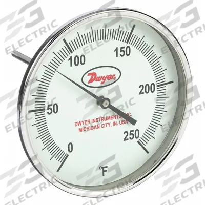 Dwyer Glow-in-the-Dark Dial Thermometer: 0°F to 250°F, +/- 1% Accuracy, 5 in Dial Dia - Fixed-Angle Glow-in-the-Dark Thread-Mount Dial Thermometers