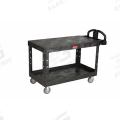RUBBERMAID COMMERCIAL PRODUCTS Utility Cart: 750 lb, 2 Shelves, 47 in L x 25 in W Self, Black (MPN FG454500BLA). Key specifications — Shelf Color: Black; Brand: RUBBERMAID COMMERCIAL PRODUCTS; Caster/Wheel Configuration: (2) Rigid.